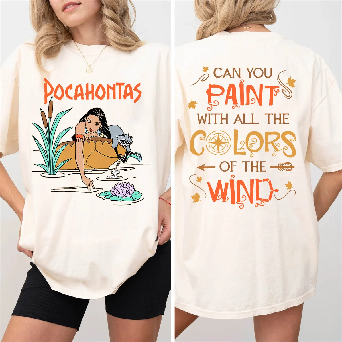 

Two Sided Pocahontas Meeko Afternoon Dreaming Colors of the Wind Disney Princess Friends Trip Cotton T-shirt Summer Women's Top