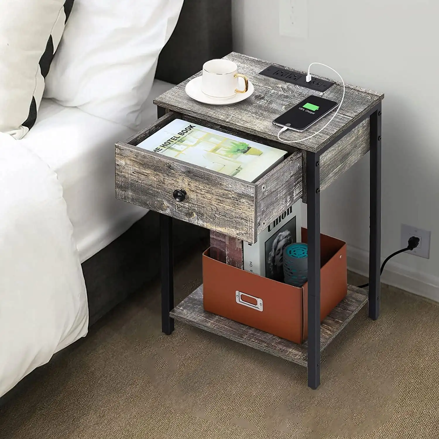 Nightstand End Table with Charging Station, USB Ports, Drawer and Storage Shelf, Gray