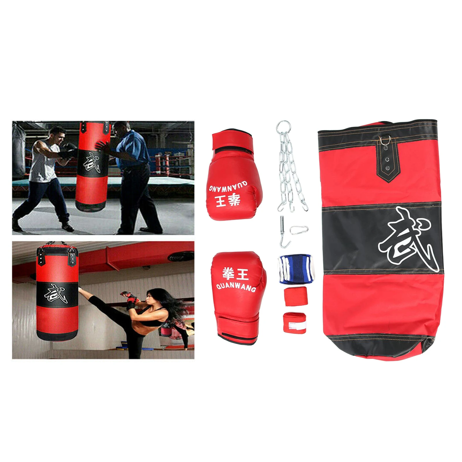 Durable Boxing Training Sandbag Empty Punch Bag Equipment Gloves Hands Wrap Wrist Guard Brace and Ceiling Mount Kit