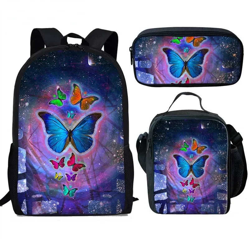 Sac à Dos avec Impression Papillon 3D, Cartable d'École avec Étui pour Ordinateur Portable et Déjeuner, Nouveau Harajuku Populaire, 3 Pièces/Ensemble