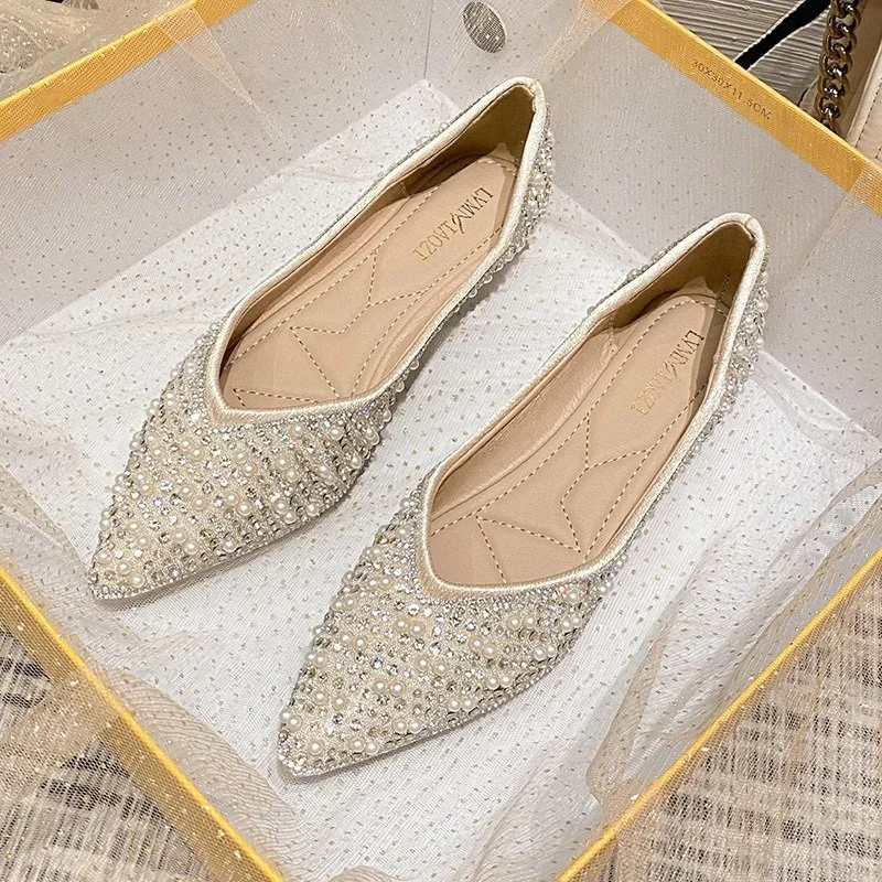 Woman French Style Water Diamond Flat Bottom Shoes Pointed Comfortable Shallow Mouth Flat Shoes Wedding Bridesmaid Scoop Shoes