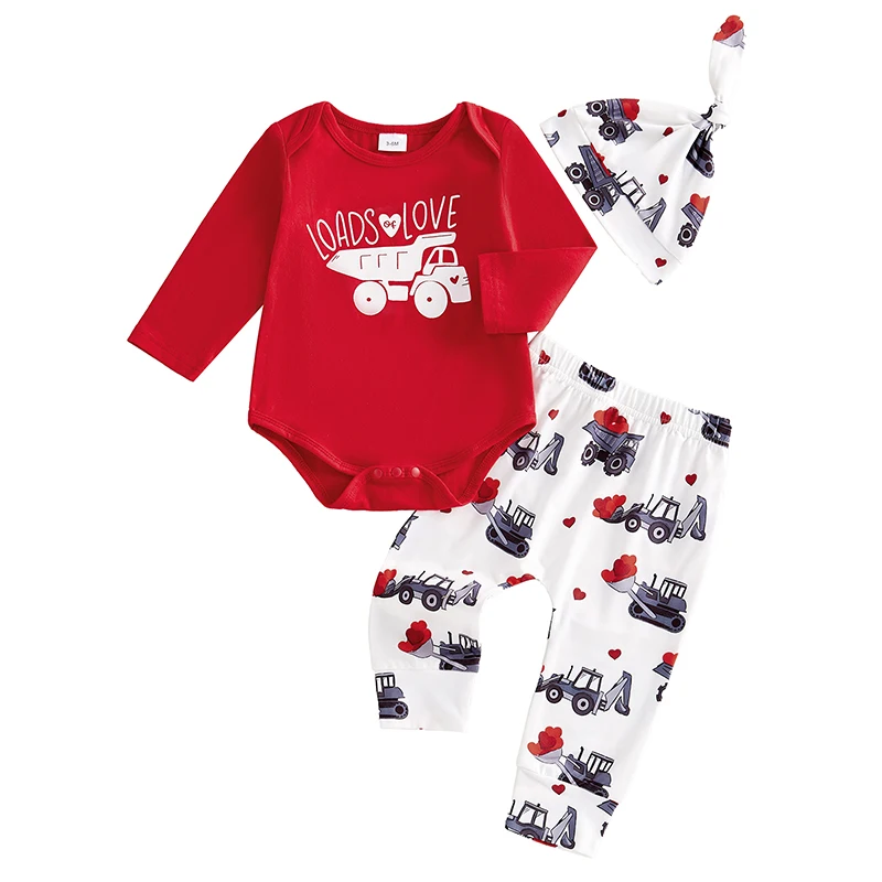 Baby Fall Outfits with Hats Truck Love Heart Pattern Crew Neck Long Sleeve Rompers with Pants 3 Pcs Set