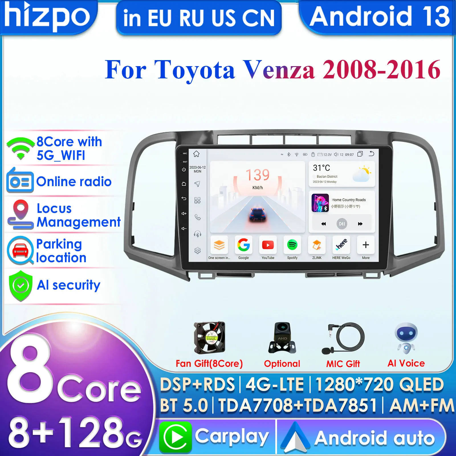 Hizpo 4G 9'' AI Intelligent Systems Wireless CarPlay Android Auto Radio for Toyota Venza 2008-2016 Car Multimedia GPS 2din Video