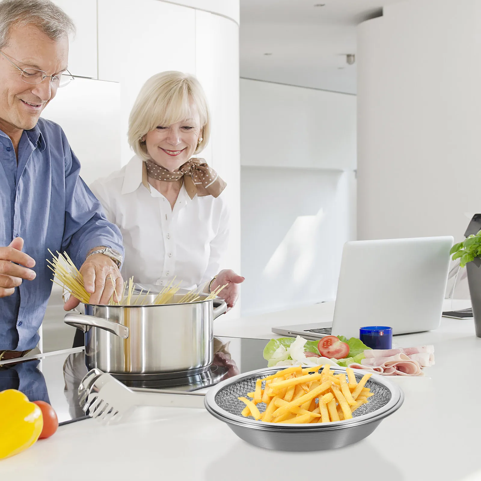 

1 set Stainless Steel Oil Drain Plate With Fry Cooling Net Round Snack Serving Dish For Fruits Candies Desserts Biscuits