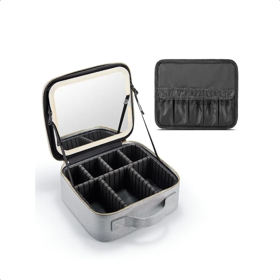 

Travel Makeup Bag with Lighted MirrorMakeup Train Case with Adjustable Dividers and 3 Light Modes PVC Sier