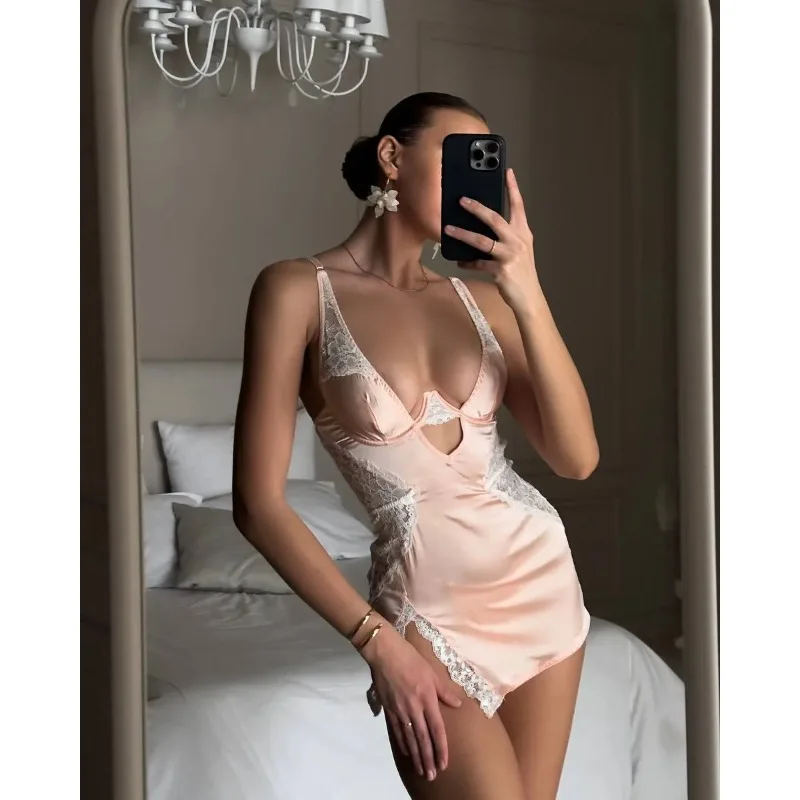 Vestido de satén con escote en V profundo para mujer, lencería Sexy de encaje con retazos, vestido de noche dividido Sissy, ropa de dormir de seda