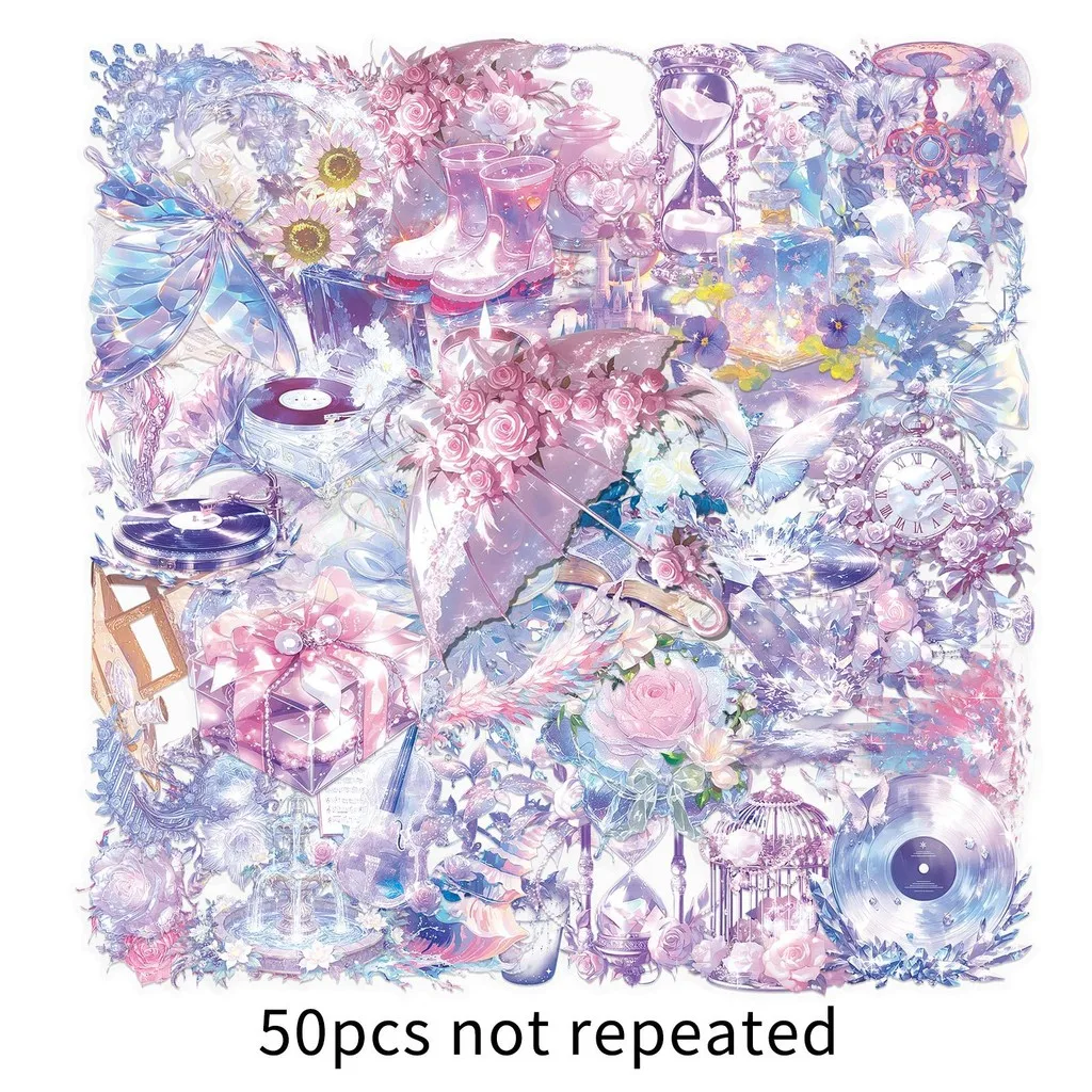 50 Pieces Dreamy INS-Style PET Transparent Stickers Sweet Waterproof High-End Amethyst Decals for Phones RecordingYourLife Store