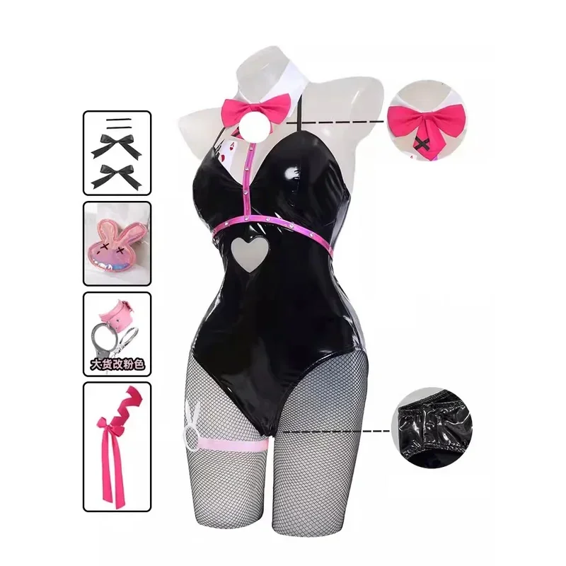 미쿠 토끼 코스프레 구멍 검은 가죽 토끼 소녀 섹시한 귀여운 할로윈 코스프레 의상 머리 장식 옷 램프 소녀 가발