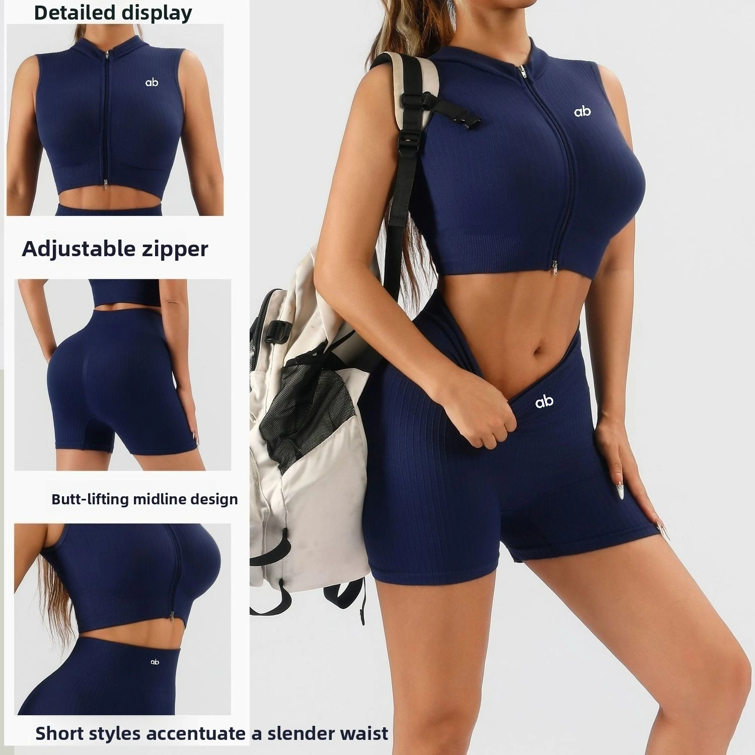 Women 2 Piece Stand Collar Zipper Sleeveless Ribbed Yoga Set High Waist Compression Hip Lifting Slim Fit Seamless Workout Shorts