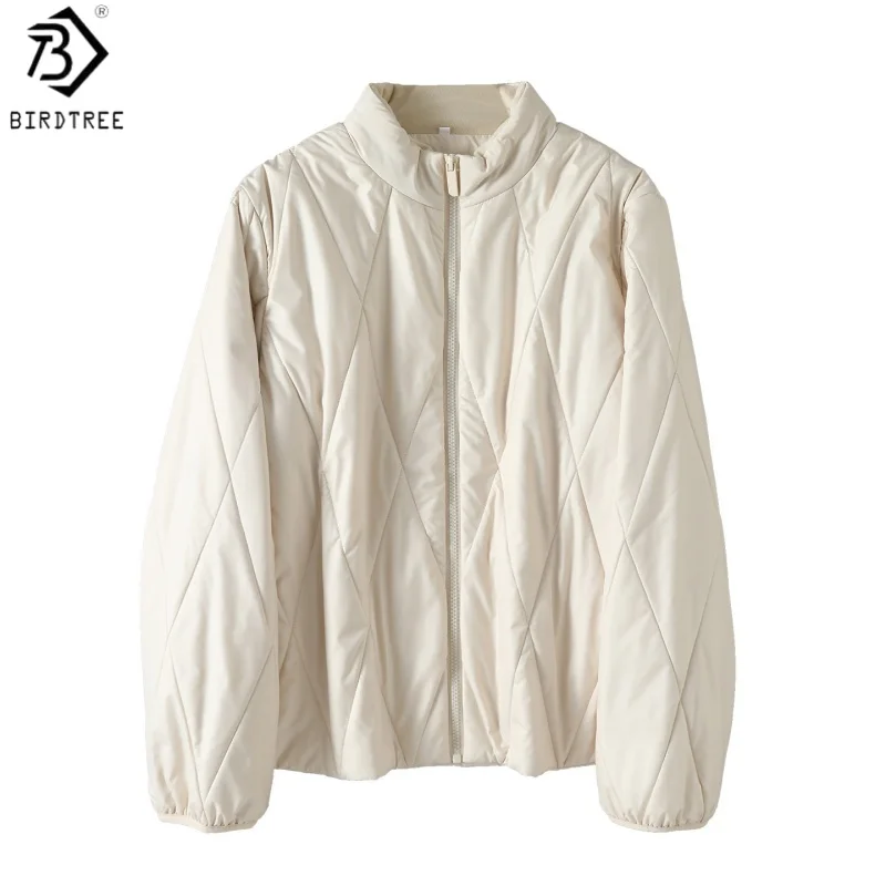 Birdtree, Silk Filling Warmth Jacket, Women's Stand Collar Long Sleeve Zipper Tops, 2026 Fall Winter New Solid Coat T69720JF