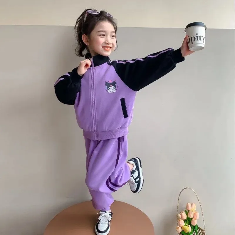 Sanrio Cartoon Kuromi Print Clothing Sets for Children Girls Jacket + Long Pants 2piece Autumn Baby Kids Teen Sweatsuits