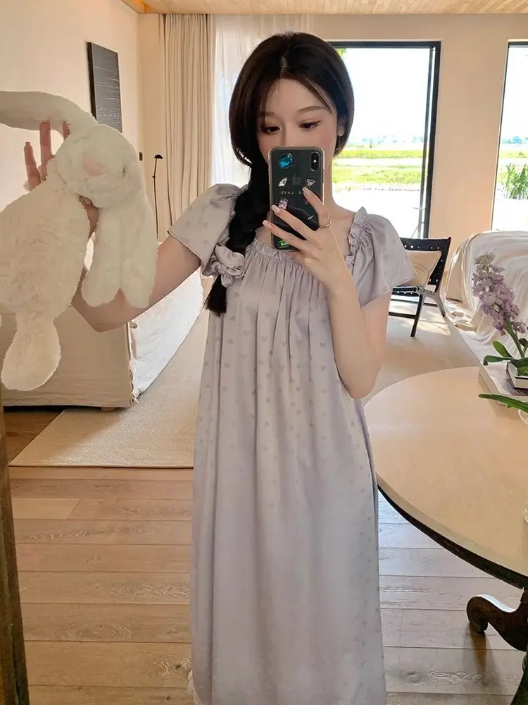 Women Summer Short Sleeves Pajamas Dress Ruffle Off-shoulder Sweet Long Nightdress Female Lace Trim Home Dress Heart Print Dress