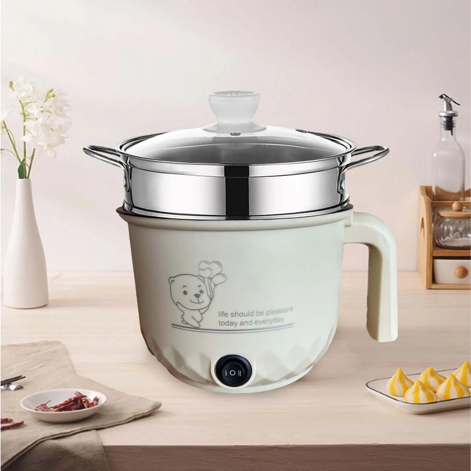 Electric Cooking Pot Stainless Steel Electric Skillet Small Rice Cooker Mini Cooker for Noodles Oatmeal Dumpling Fry Pasta