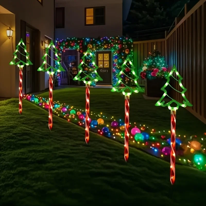 Outdoor Solar Christmas Tree Lights 5PC Set Waterproof 8 Modes Candy Floor Light String Garden Courtyard Decor