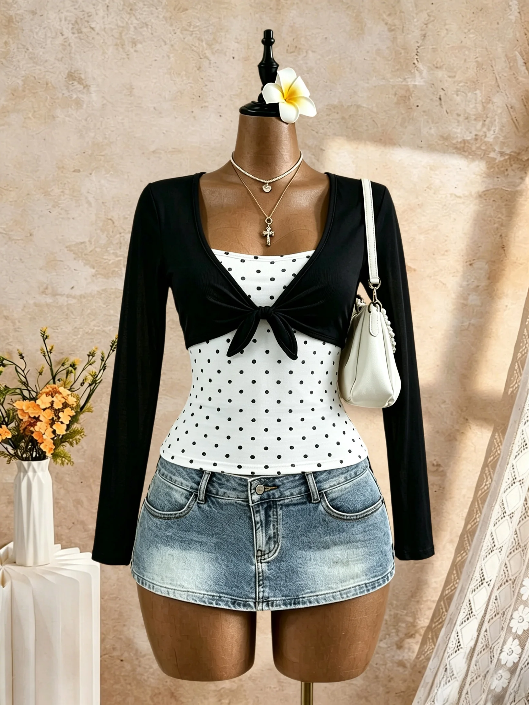 Women 2 Piece Outfit Front Tie Short Sleeve Crop Shrug And Polka Dot Cami Tank Top Slim Fit Casual Daily Going Out Two Piece Top