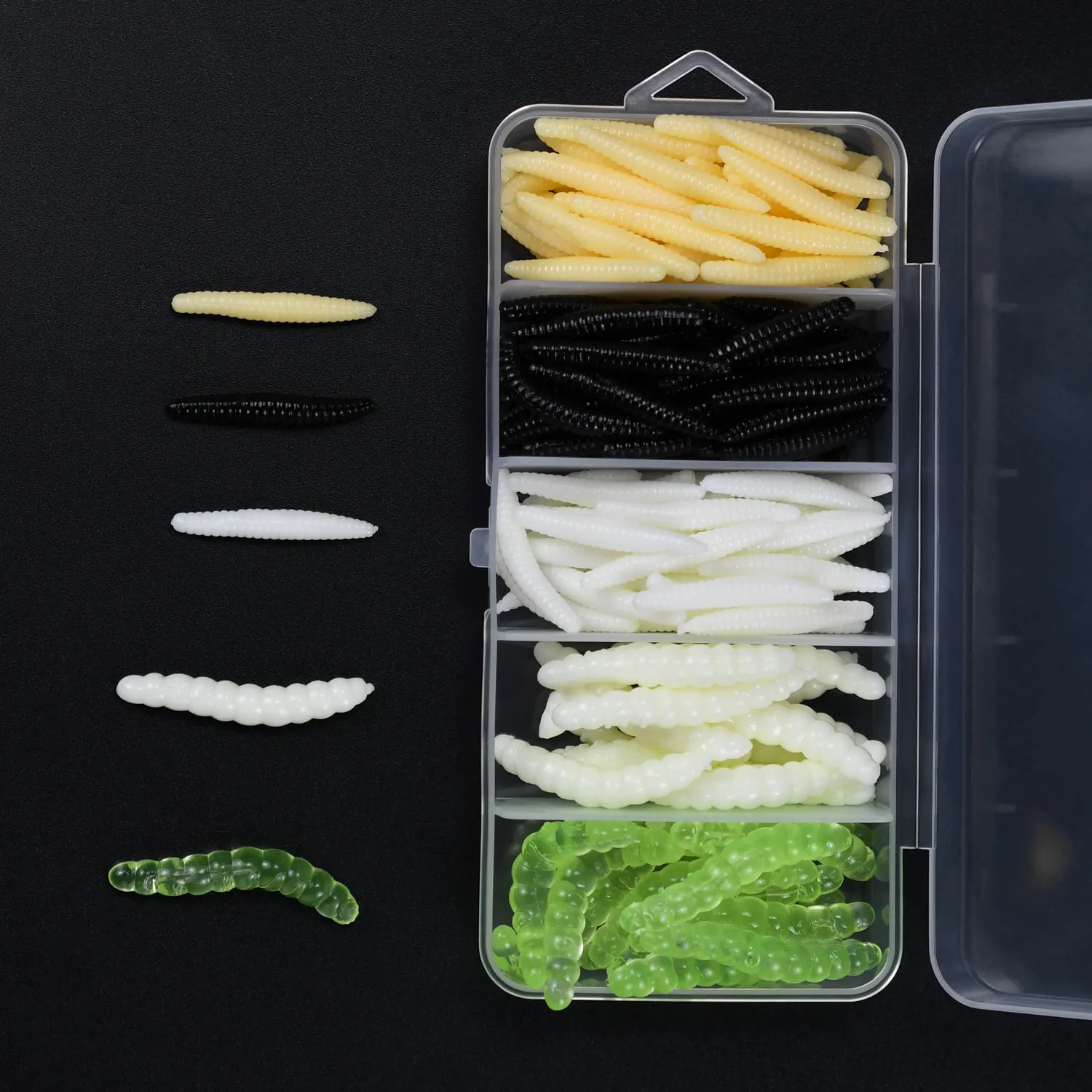 Topranc Multi Colored Segmented Biomimetic Maggot Soft Lures Set Grid Storage Box Freshwater Soft Worm Bass Perch Fishing Tackle