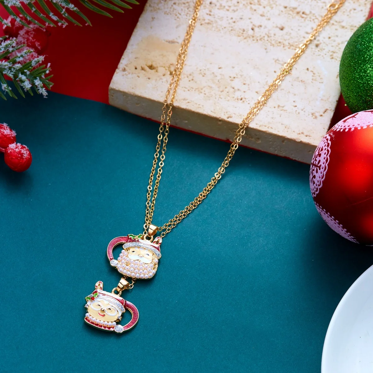 Weihnachts-Kletter-Santa-Weihnachtsmann-Geschenkbox-Anhänger-Halskette für Damen und Herren, Emaille-Santa-Weihnachtsmann-Teeservice-Choker, Neujahrsgeschenk-Schmuck – Detail 13