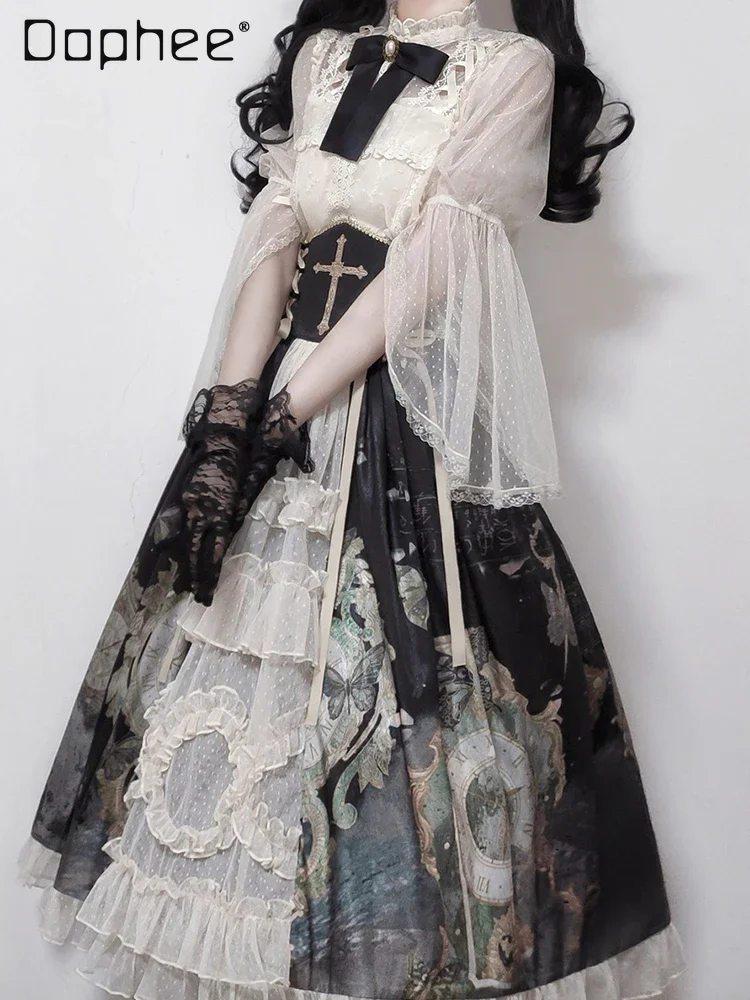 

Gothic Lolita Dress 3pcs See Through Shirt + Camisole + Long Skirt Bandage Flare Sleeve Bow High Waist Puffy Skirt Punk