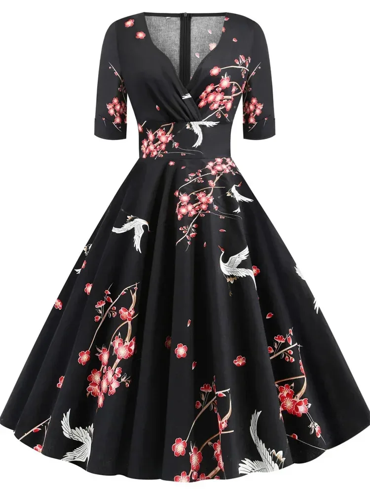 オフィスグリーン-ソリッド-ロカビリー-1950年代-ヴィンテージ-ラッフル-vネック-エレガント-パーティードレス-レディース-2023-夏-半袖-aライン-ミディ丈-ドレス