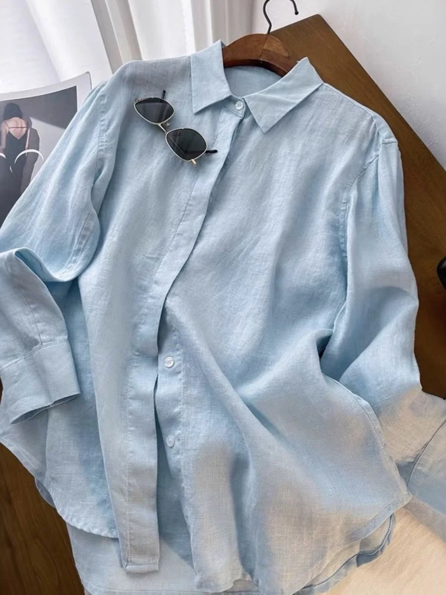 

Klein Blue Linen Women's Summer Loose Lightweight Sun Protection Shirt Lazy Style Open Cardigan Outerwear Long Sleeve Co...