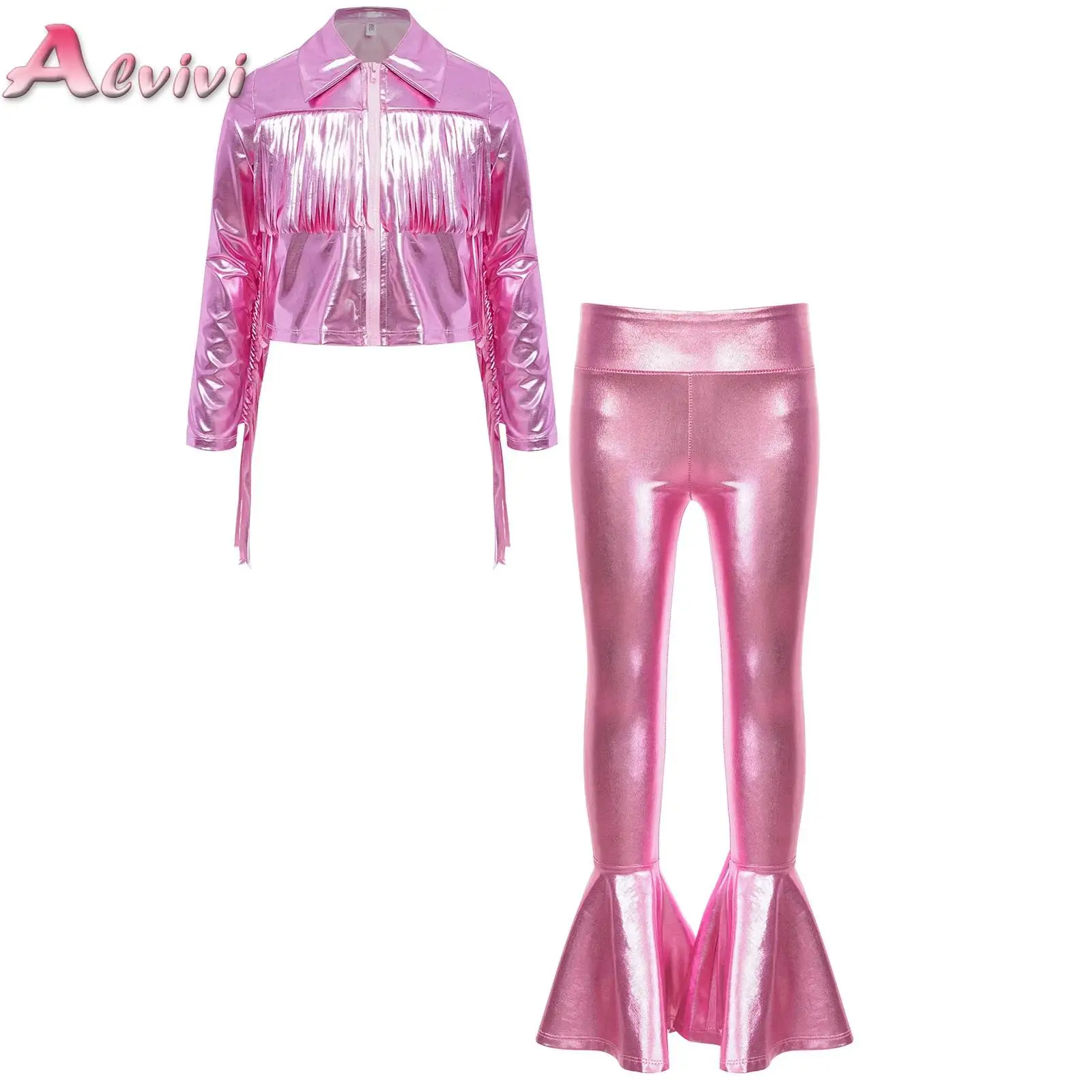 

Kids Girls Metallic Clothes Set Long Sleeve Tassels Jacket+Bell-bottom Pants for Jazz Dance Stage Performance Birthday Party