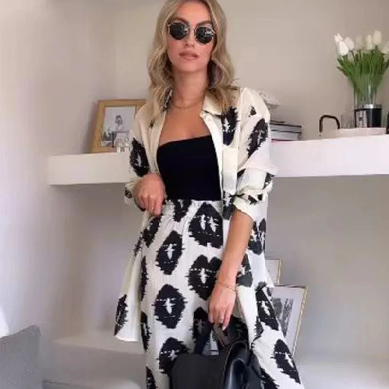 

Casual Print Shirt Pant Set for Women Loose Long Sleeve Single Breasted Shirts Wide Leg Trousers Sets Female Summer Lady Suit