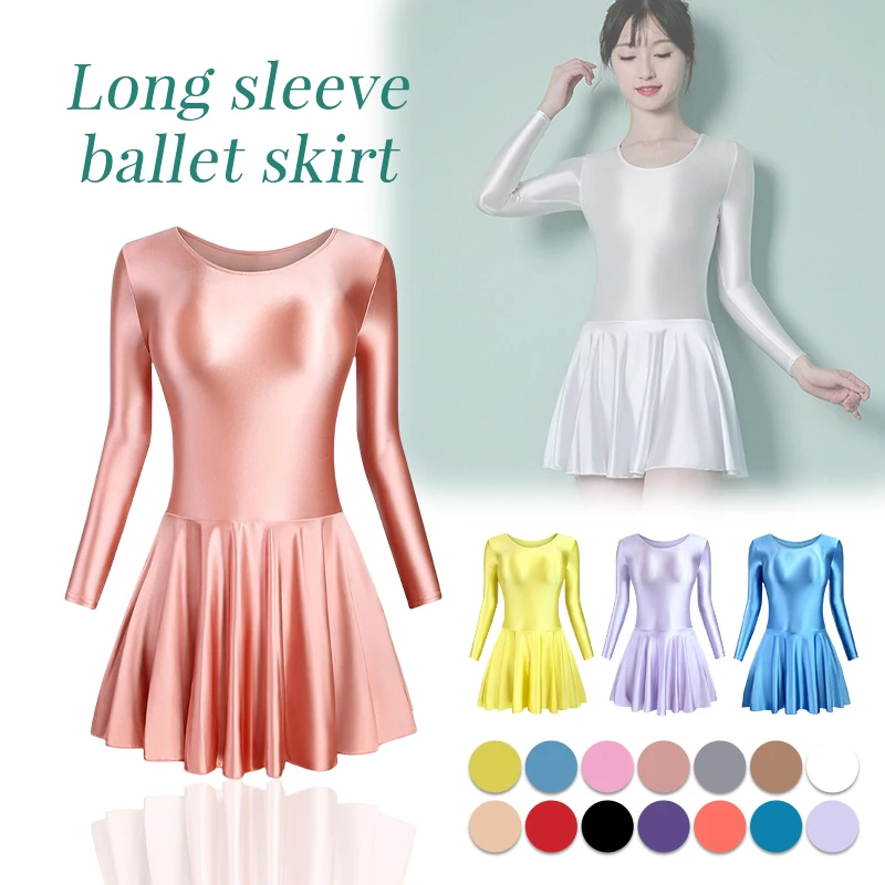 Women's Shiny One-piece Tight Training Skirt Sports Yoga Ballet Skirt Stage Performance Long Sleeve Body Skirt Solid Color