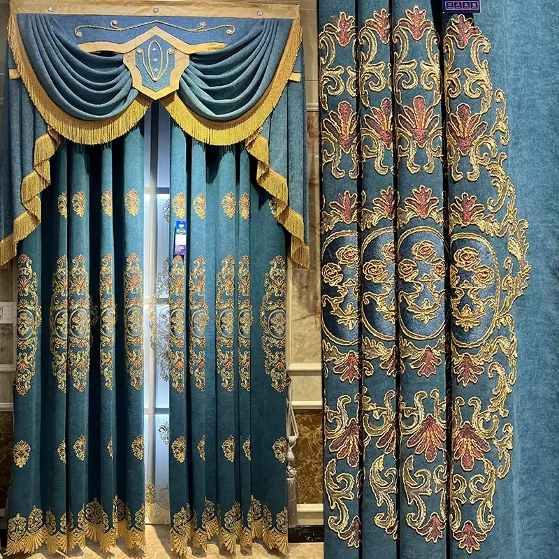 Blue Water Soluble Embroidery Window Screen Chenille Curtains for Living Room Bedroom French Window Balcony Window Customized