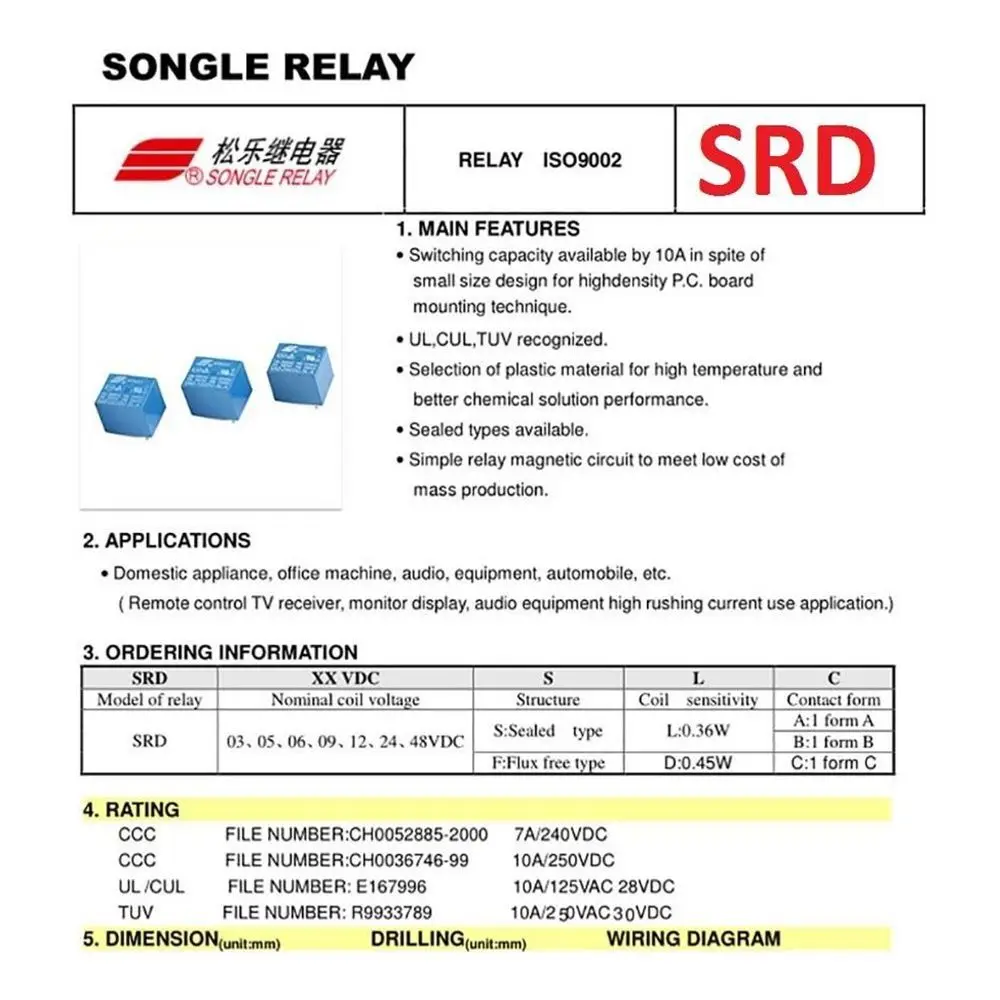 10pcs Mini PCB Type 5V 12V 24V DC 10A 5 Pin SRD-24VDC-SL-C Power Relay Relays SRD-05VDC-SL-C SRD-12VDC-SL-C