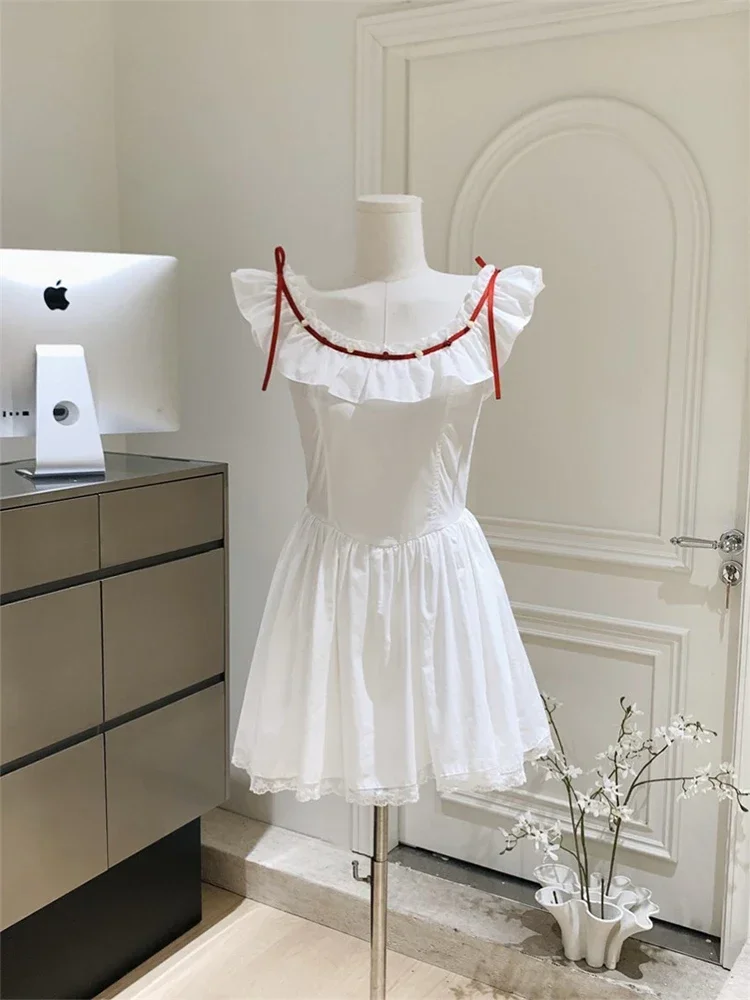 Women White A-line Evening Dress Vintage Sleeveless Mini Dresses Y2k Elegant One Piece Frocks 2000s Cutecore Clothes Summer 2024