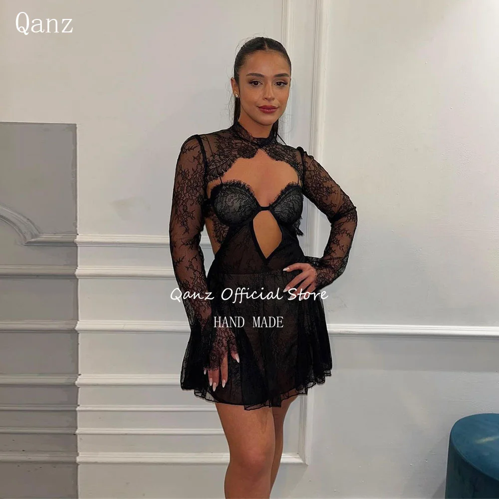 

Qanz Sexy Dress Party Night with Jacket Black Lace Prom Dresses Short Mini Black Birthday Dresses Luxury 2024 Cocktail Dresses