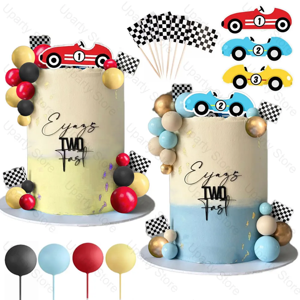 33Pcs Race Car Cake Toppers Black White Checkered Flag Racing Car Cake Balls Toppers for Two Fast One Birthday Cake Decor Favor