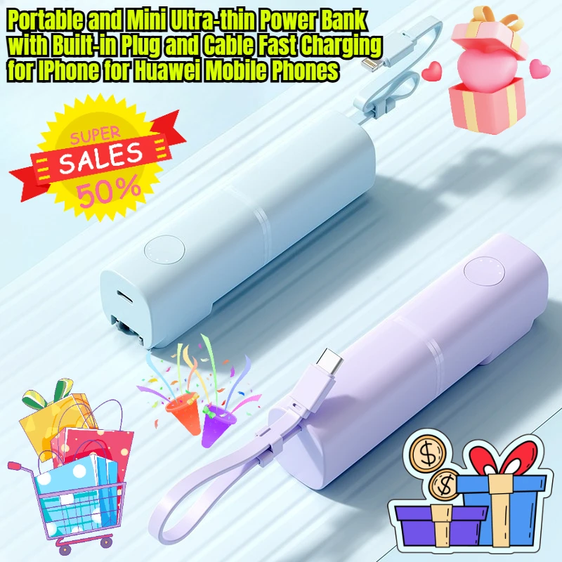 

Portable and Mini Ultra-thin Power Bank with Built-in Plug and Cable Fast Charging for IPhone for Huawei Mobile Phones