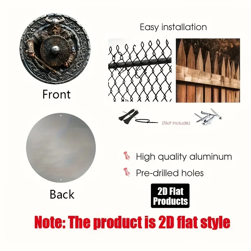 2D Flat Viking Warrior with Horned Helmet & Axe Round Tin Sign - Norse Mythology Celtic Knot Shield Art Metal Wall Decor for Hom