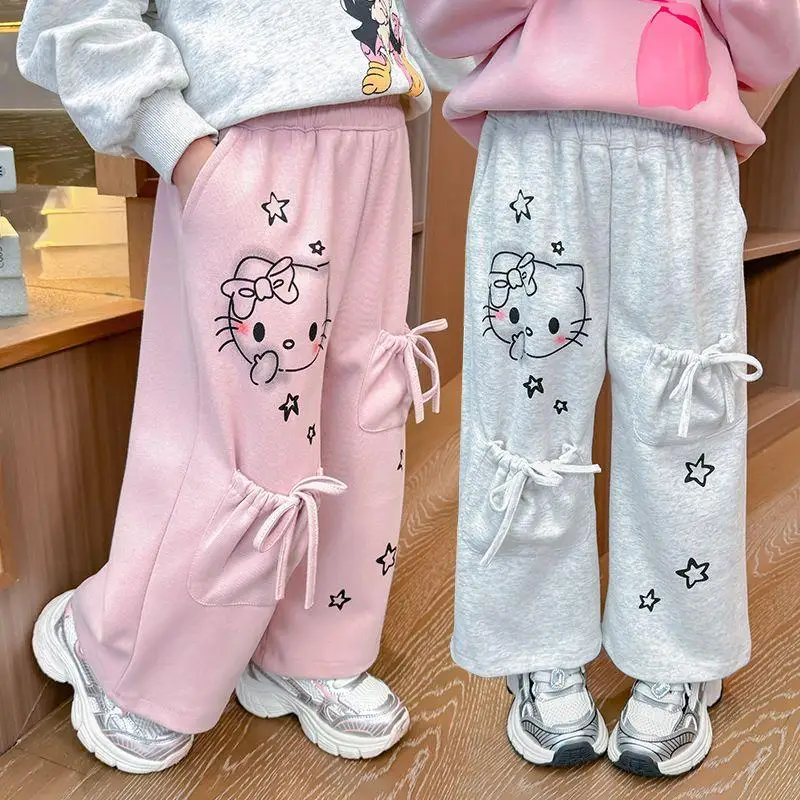 Girls Autumn Casual Pants Kids Loose Sweatpants Kawaii Kt Cat Catoon Wide Leg Pants Versatile Straight Pants Sports Long Pants