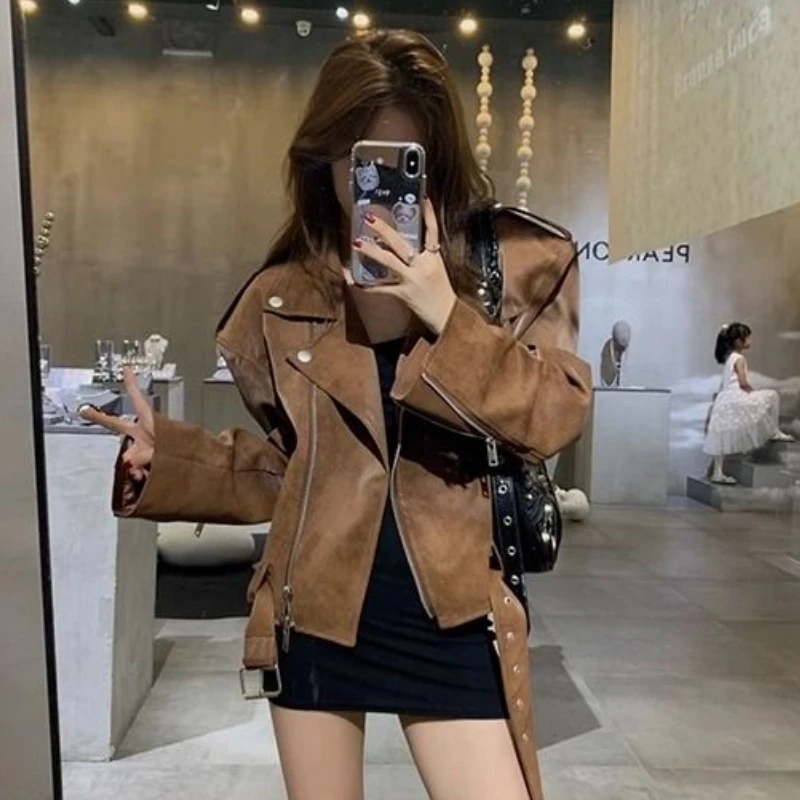 Vintage Brown PU Jackets Women Cool Biker Streetwear Zip-up Outerwear Cropped Fashion Korean Style Female Autumn Y2k Versatile