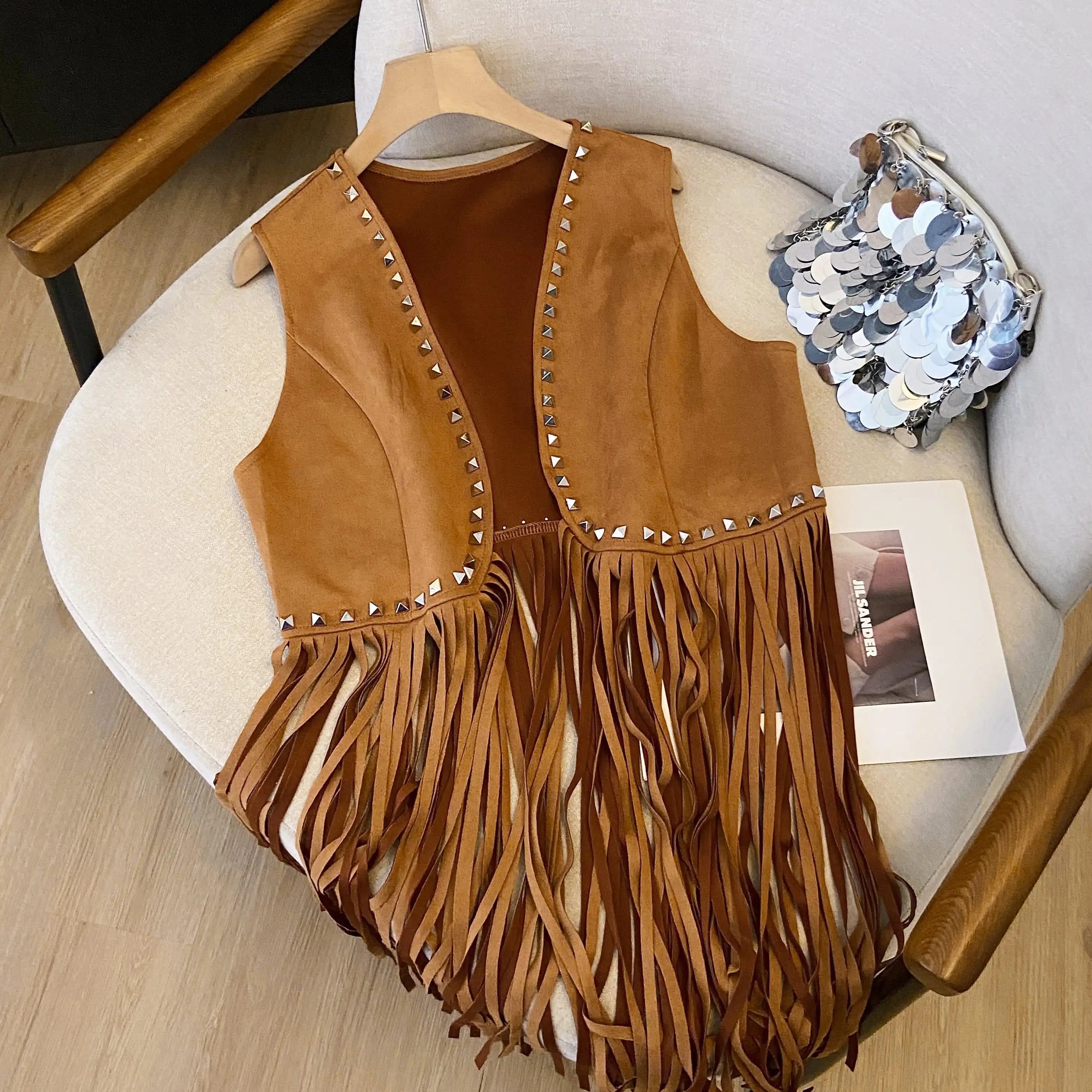 

Retro Brown Deer Skin Velvet Long Jaet Women's Outerwear Small Jaet Vest with Tassel Rivet Western Ethnic Sle
