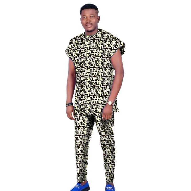 Raglan Sleeve Design Summer African Men\'s Set Tops+Elastic Waist Pants Print Outfits Tailored Nigerian Party Wear