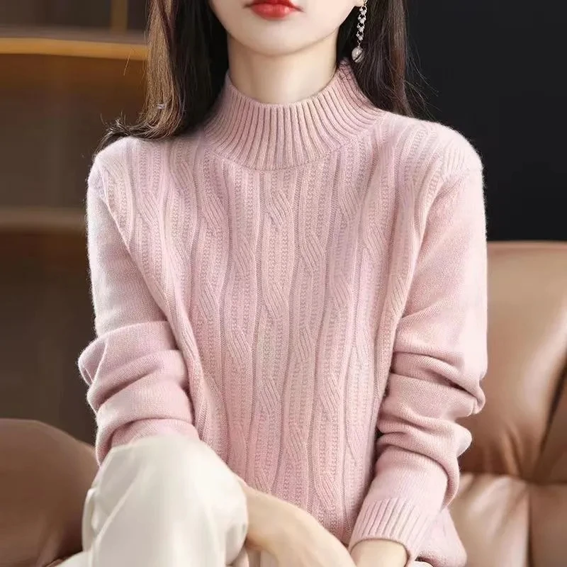 2024 Autumn Winter Thick Warm Sweater Women Half High Collar Cashmere Sweater Korean Solid Green Casual Basic Pullover Knitwear