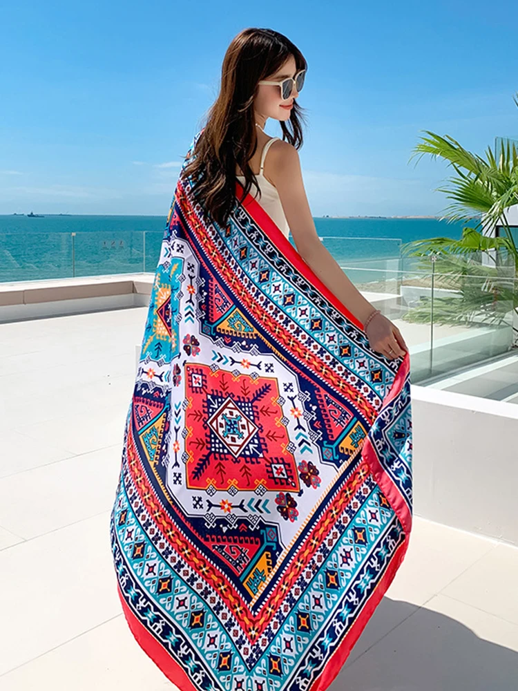 Summer Vintage Elegant Women Silk Scarf Beach Wrap Shawl Floral Print Lady Sunscreen Bandana Hijab Mujer Bohemian Scarve Pareo