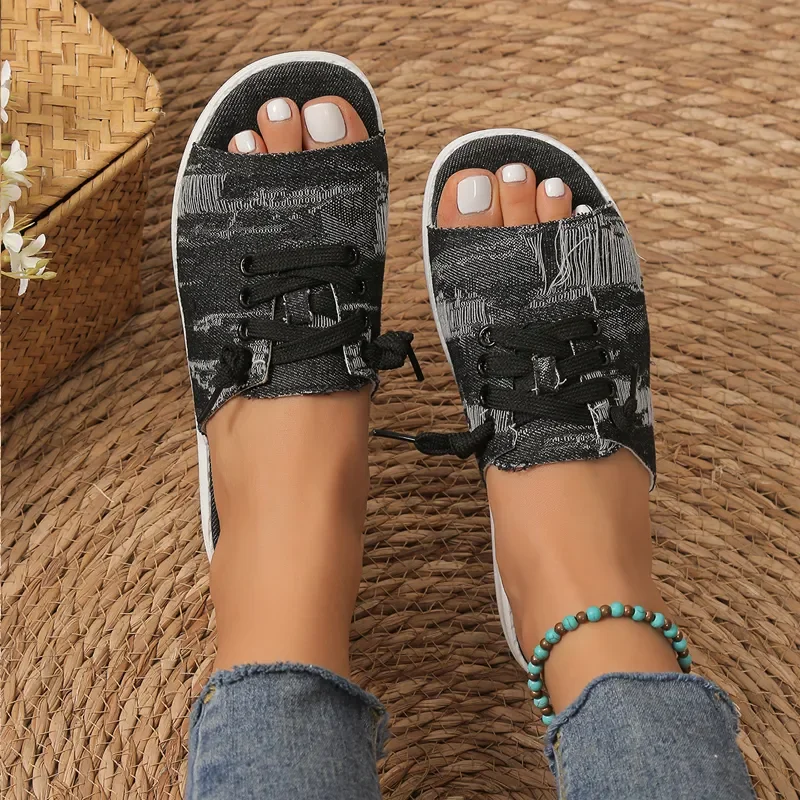 Stylish Washed Denim Mule Shoes Woman Casual Open Toe Sneaker Sandals Ladies Brand Design Summer Sporty Canvas Slide Slippers