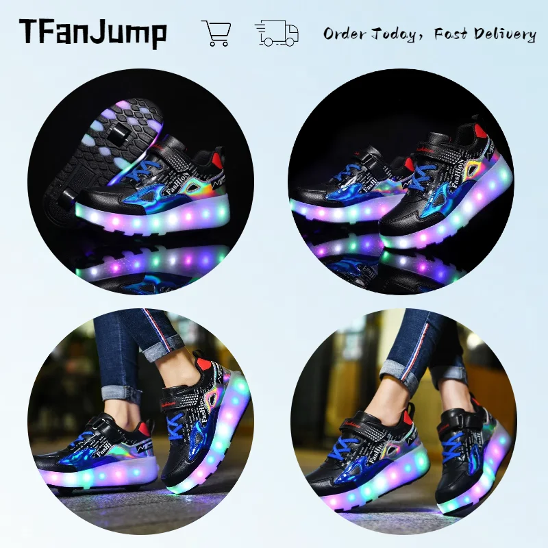 Double Row 4 Wheels Parkour Sport Roller Shoes Children’s LED Luminous Glowing Sneakers  Unisex Adult Deformation Skating Shoes