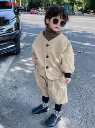 Korean Children's Clothing Autumn Kids Boys Plus Velvet Jacket Girls Outerwear Winter Retro Childhood Coats Pants Two Piece Set