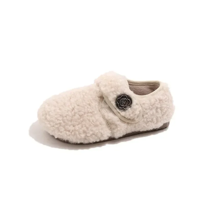 Toddler Fuzzy Fleece Slippers Winter Shoes, Kids Warm Closed Back Slippers with Rose Button, Indoor Shoes for Baby Girls Boys