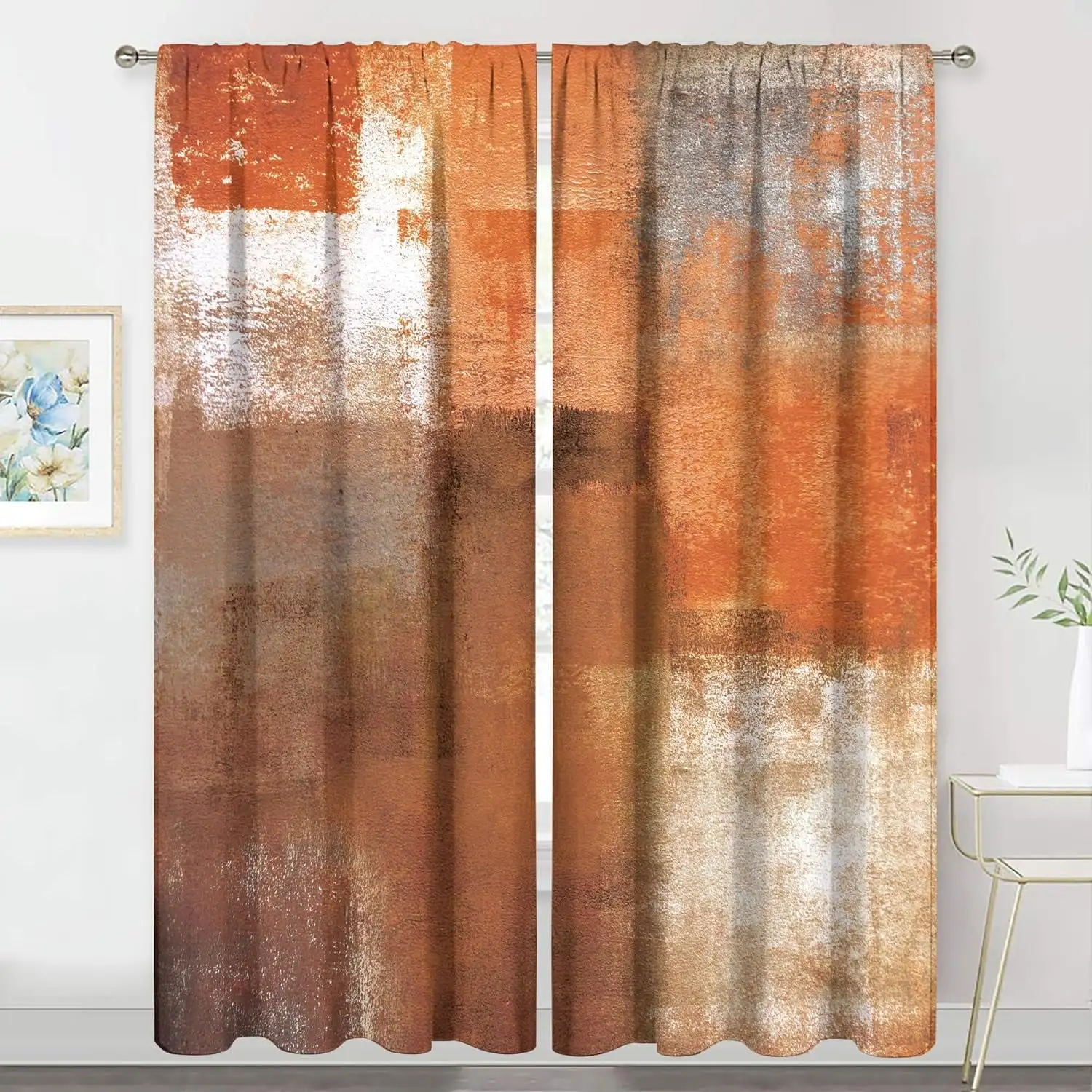2pcs Curtains Peach Skin Polyester Abstract Burnt Orange Gray Rust Brown Watercolor Oil Painting Modern Bedroom Living Room