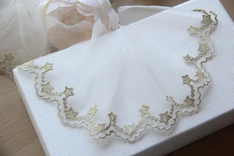 2 Yards Lace Trim Off White Tulle Gold Star Embroidered Tulle Lace 2.9