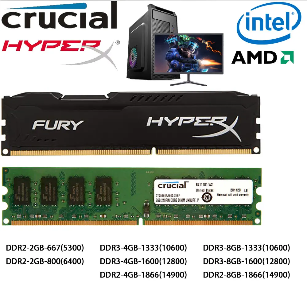 

Crucial HyperX Fury DDR3 DDR3L DDR2 Memory PC RAM 8GB 4GB 1333 667 800MHz 1600 1866MHz DIMM PC2-6400 PC3-10600 12800 For Desktop
