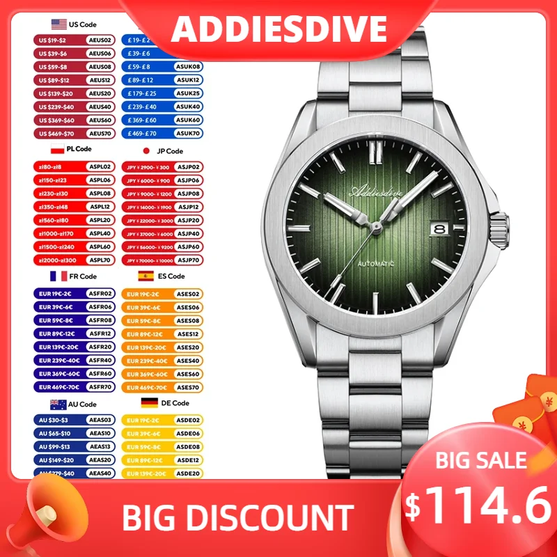 

ADDIESDIVE 2025 New Watches Mens AR Sapphire Stainless Steel Waterproof Gradient Sunburst Dial Luxury Mechanical Automatic Watch