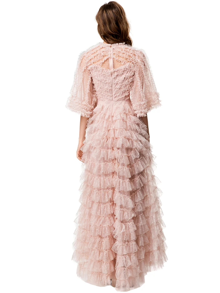 Dldenghan lantejoulas dot malha maxi vestido para mulher o pescoço mangas alargadas em camadas babados festa do vintage bolo vestido de verão feminino