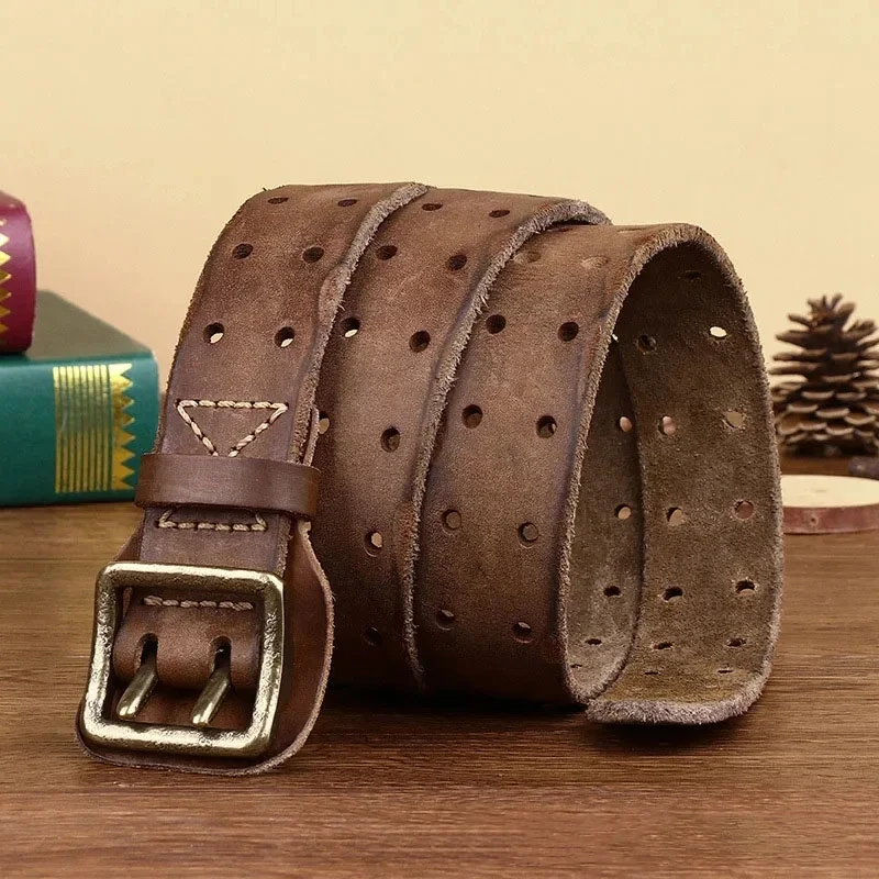 3.8CM Men's Double Needle Vintage High Quality Cowhide Belt Pure Brass Buckle Belt